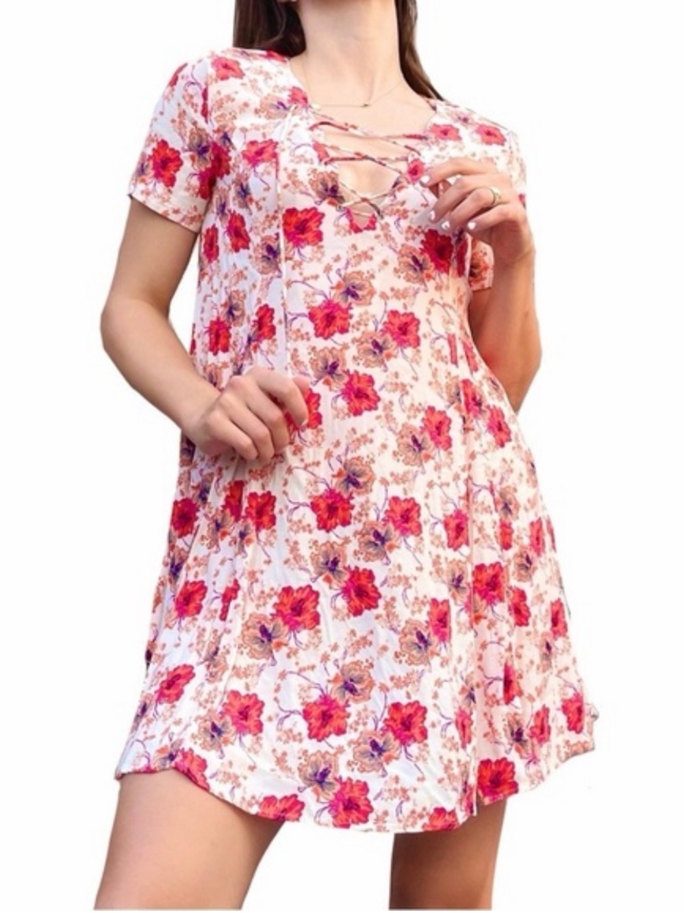 Astr Floral Lace-Up Mini Dress